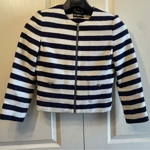 Karl Lagerfeld zip up blazer/jacket navy +white striped crochet weave size 4